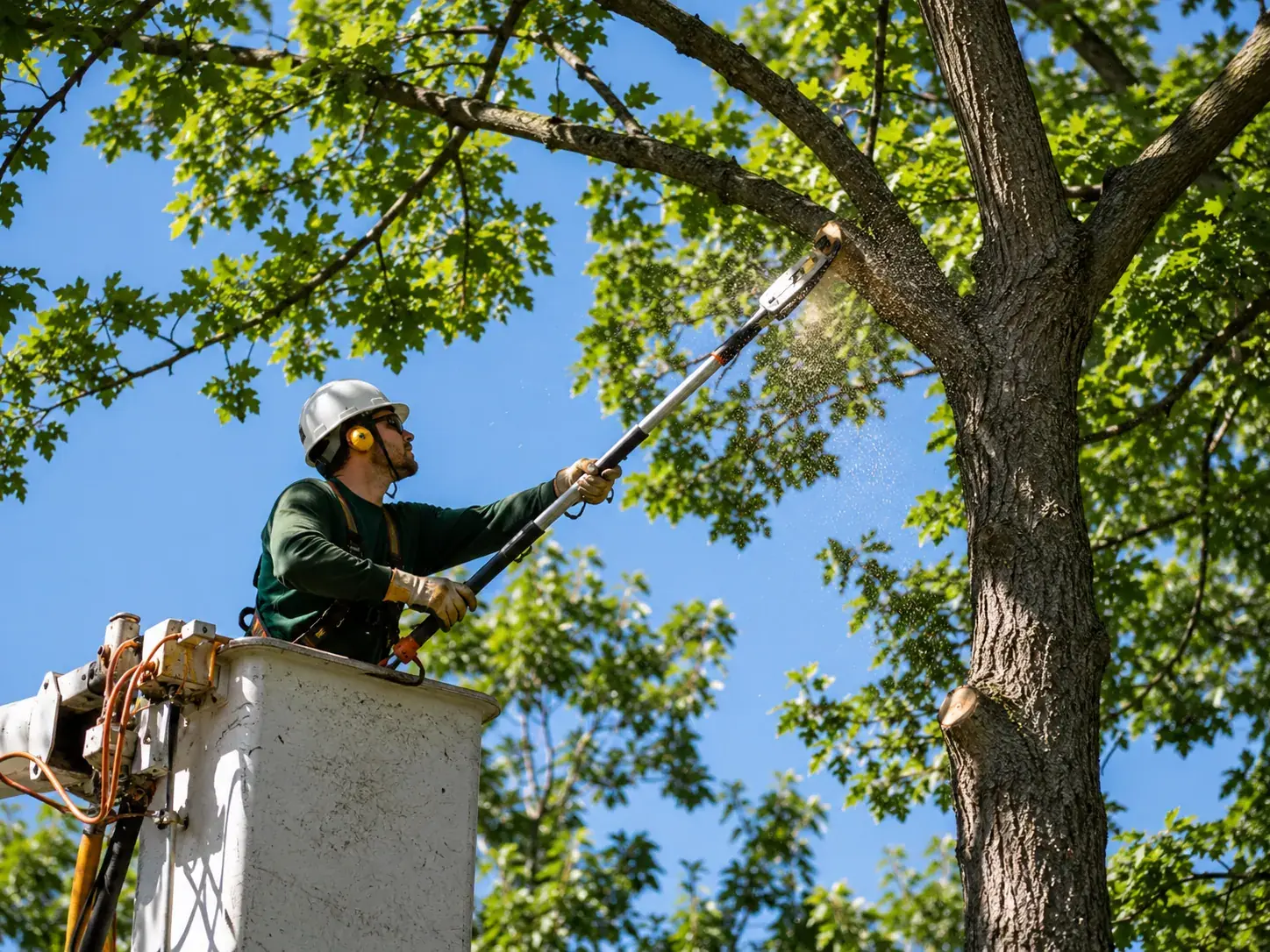 Arborist making a clean pruning cut in a healthy Birmingham shade tree
