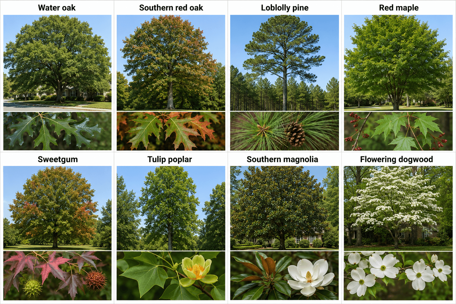 Leaf and bark details from oak, pine, maple, and sweetgum trees in Birmingham